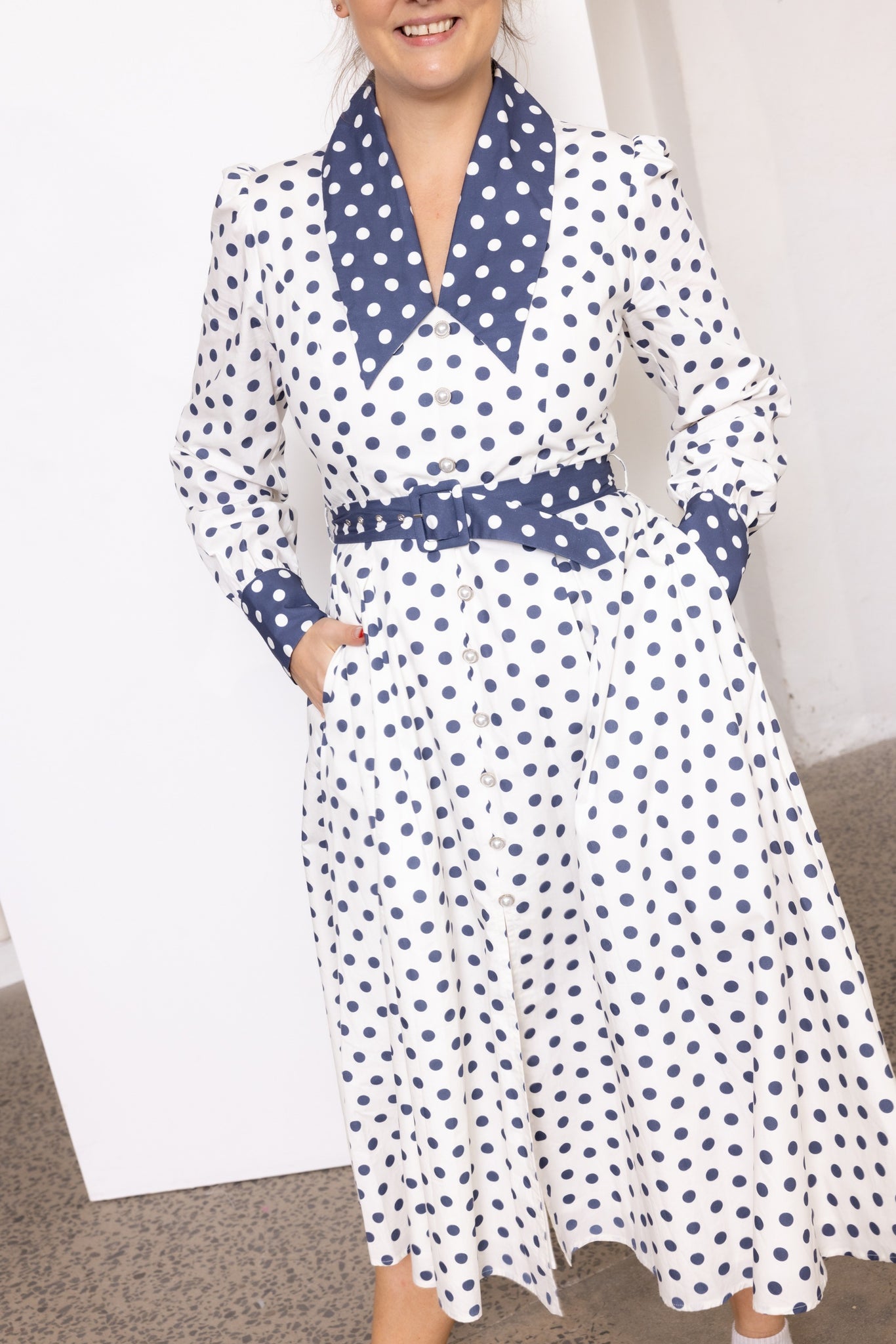 Margo Navy Polka Dot Midi Dress